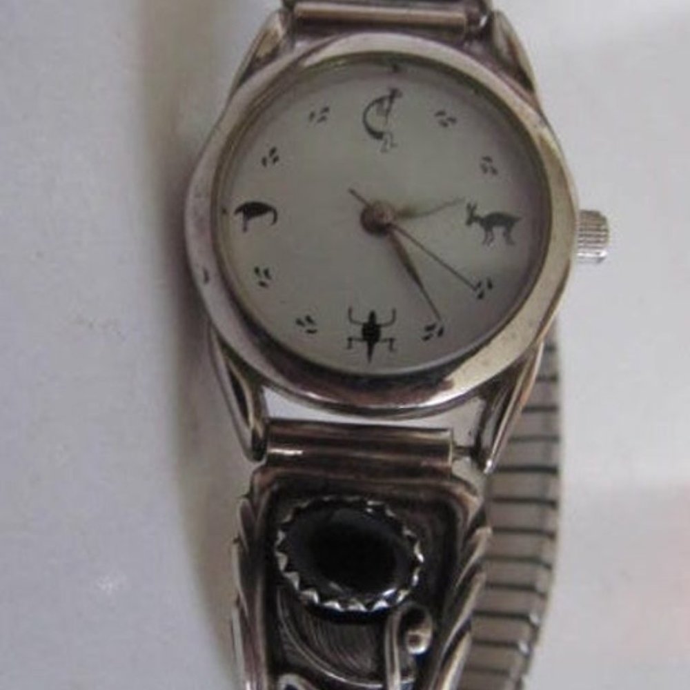 Navajo Watch Black Onyx Watch Bracelet Sterling Silver RB Southwestern Watch